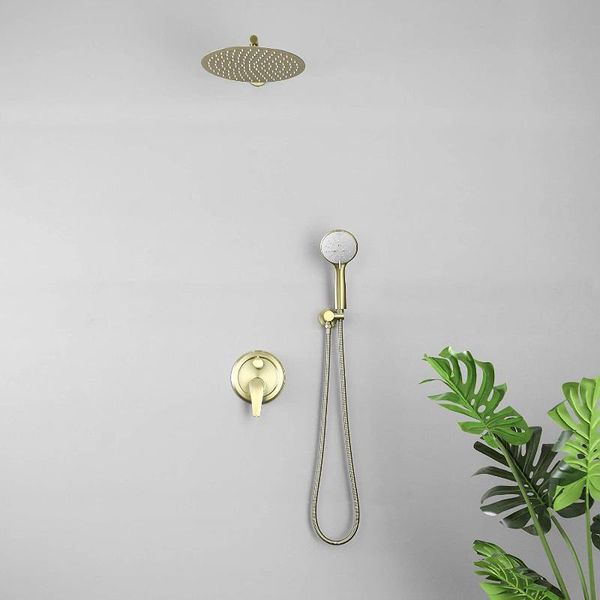 Badezimmer-Duschsets SHAMANDA-System mit 12-Zoll-Hochdruck-Regenkopf und 5-stufiger Handbrause in gebürstetem Gold/Mattschwarz