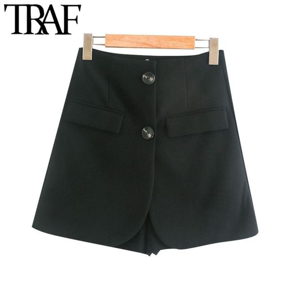 

traf women chic fashion double button shorts skirts vintage high waist office wear female skort mujer 210309, White;black