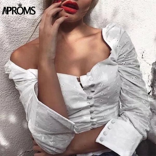 

aproms square neck long sleeve lace crochet blouse shirt women button down white crop summer high street blusas 2011 210225