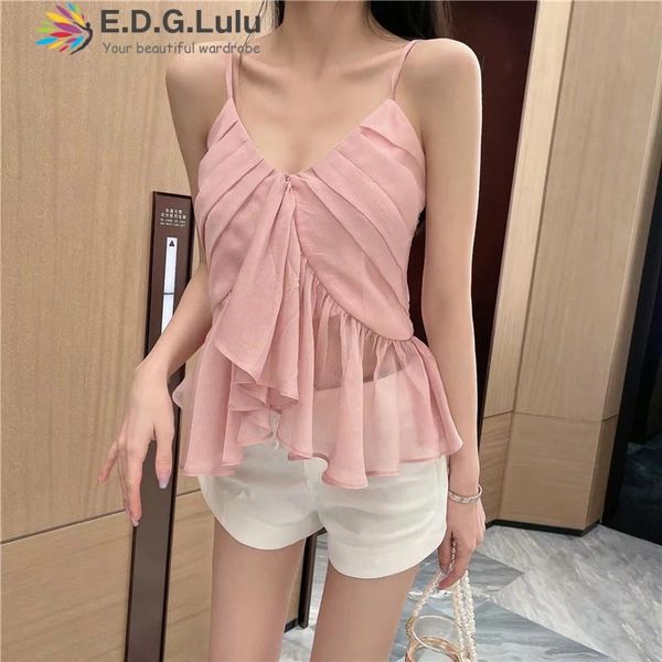 

women's tanks & camis edglulu deep v-neck irregular ruched ruffled chiffon camisole party sleeveless cute tank y2k summer cropped pink, White