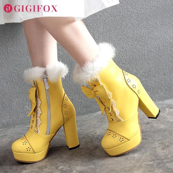 

boots plus size 48 sweet fur butterfly-knot lolita candy colors girls bow scalloped lace women shoes lovely high heels ankle, Black