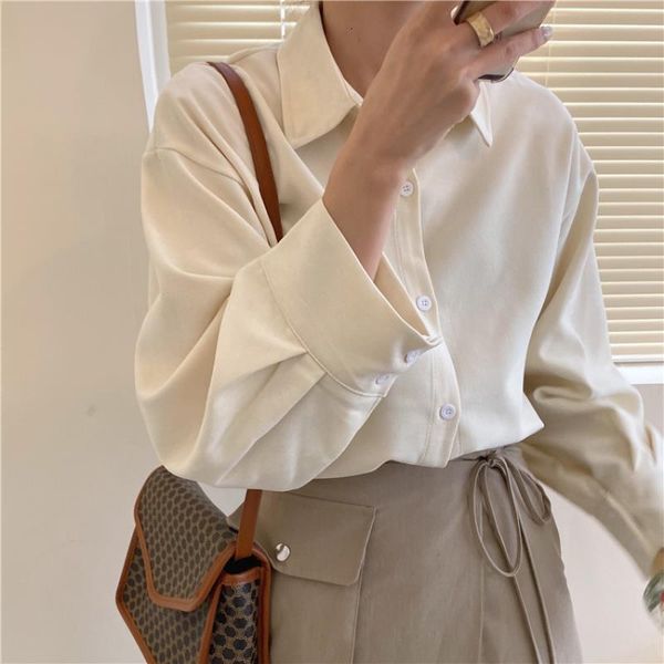 

new 2021 spring candy color casual women blouses lapel long sleeve single breasted shirts female loose office lady blusas, White