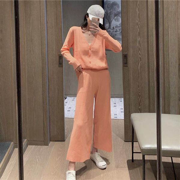 

outfits autumn and winter knitted v-neck cardigan coat casual straight leg pants fashion two outfits women, White