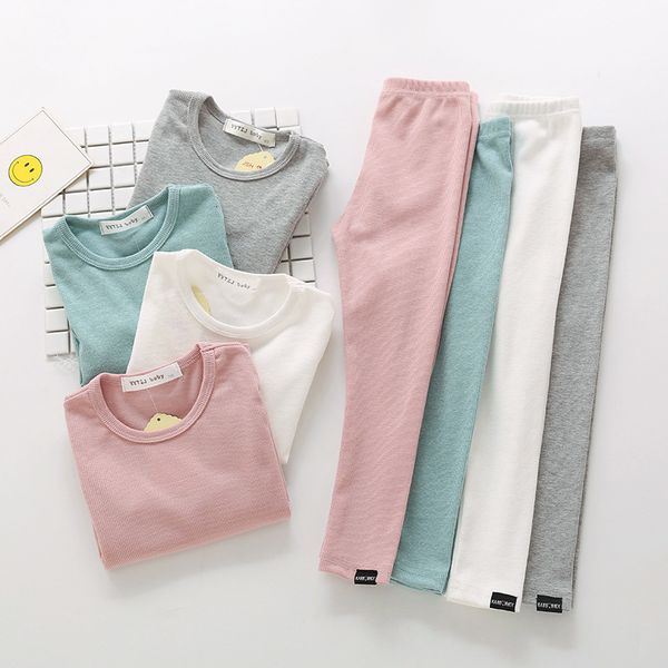 

2021 new autumn baby boys girls pajamas 2pcs kids solid homewear loungewear children clothing set cotton elastic shirt+pants 4wi8, White