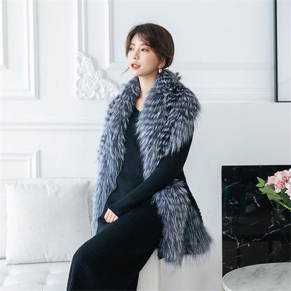 

winter real fur scarf shawl women long wide soft fluffy warm poncho wrap r10 scarves, Blue;gray