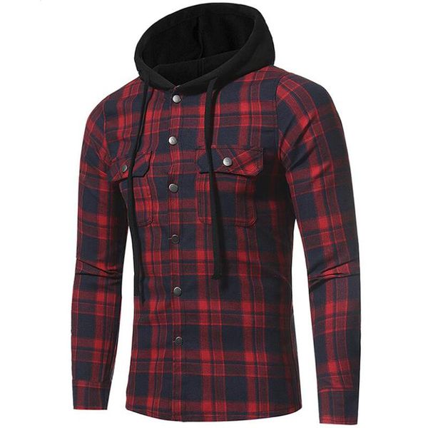 

men's casual shirts hooded plaid shirt men flannel big double pocket long sleeve mens spring autmn clothes camisa masculina, White;black