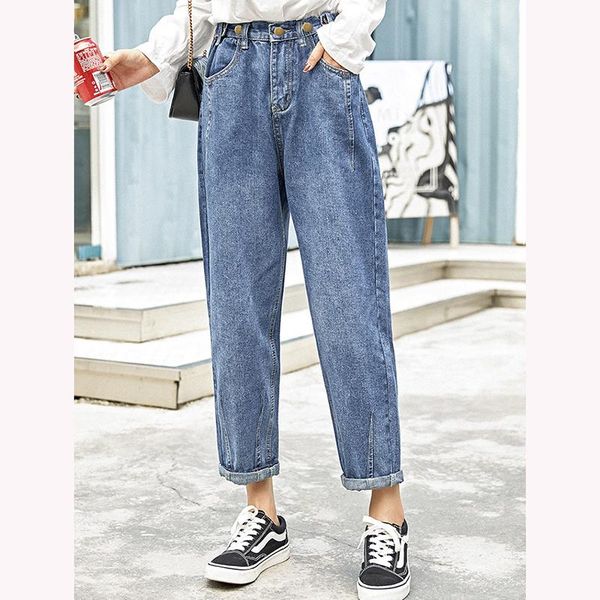 

women's jeans spring autumn womens harem pants high waist loose ankle-length girls washed blue polyester denim