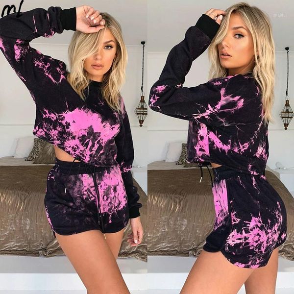 

summer women floral print two piece short plus size sets tie-dye round neckline casual long-sleeved drawstring 2 set dress, White