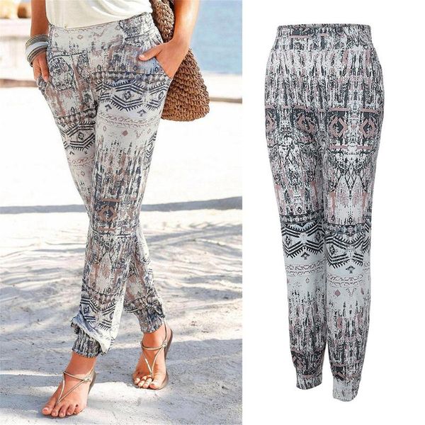 

women's pants & capris vintage harem women high waist printing trousers long boho beach pockets bohemian floral print pant, Black;white