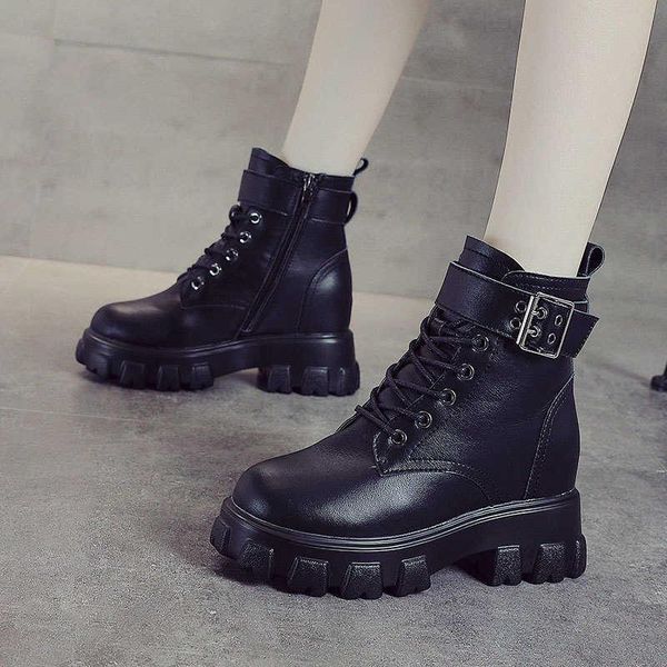 

boots autumn high leather women's thick soled thin lace up british buckle children's shoes, Black