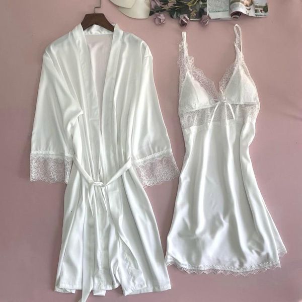 

women's sleepwear women 2pcs bathrobe set satin summer kimono robe gown bridal wedding nightwear casual nightgown lace sleep, Black;red