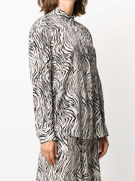 

women's blouses & shirts 100% silk zebra striped print shirt mandarin collar front buttons long sleeves buttoned cuffs blouse t, White