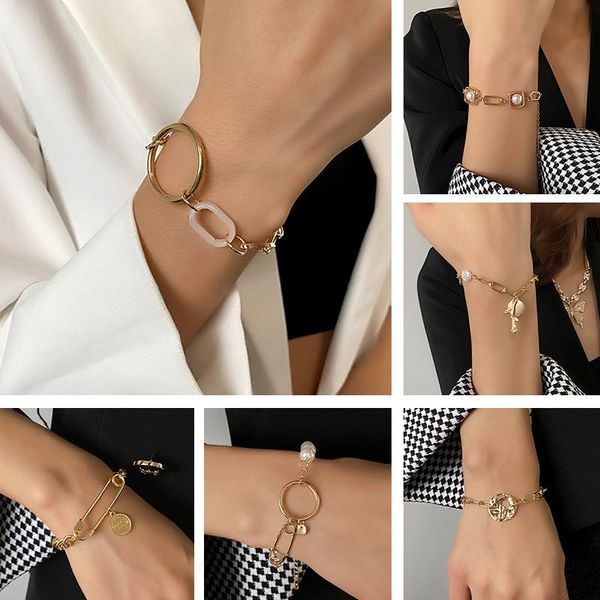 

link, chain fashion bracelet on hand for women female bohemian luxury vintage portrait gold colour bangles 2021 trendy jewelry, Black