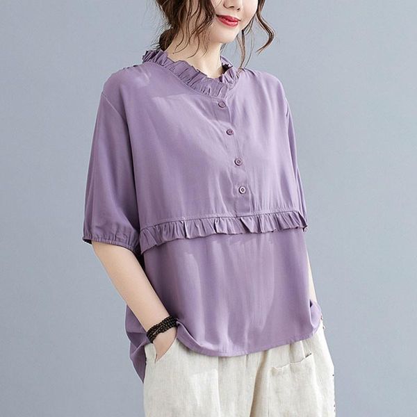 

women's blouses & shirts plus size women cotton casual 2021 summer vintage style stand collar ruffles loose fmale short sleeve s3793, White