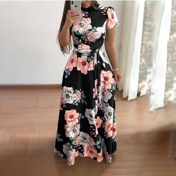 

casual dresses maxi dress women clothing 2021 fashion cotton sashes summer floral printed long, Black;gray