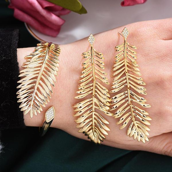 

earrings & necklace godki luxury long leaves bangle earring set for women wedding party dubai bridal brincos female diy fashion jewelry gift, Silver