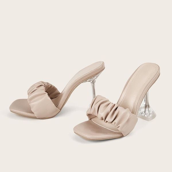 

new fashion pleated summer sandals women open toed high heels women transparent crystal heel sandals slippers big size 41, Black