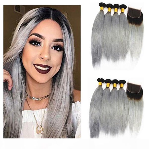 

ombre human hair bundles with closure brazilian virgin hair bundles with 4x4 lace clsoure color 1b gray 10-26 inch, Black