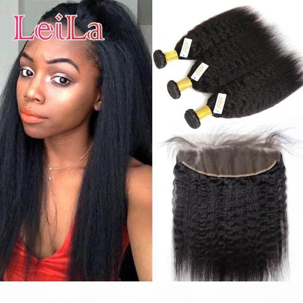 

peruvian human hair 13x4 lace frontal closure with bundles virgin hair kinky straight pre plucked frontal lace closure with 3 bundles, Black;brown