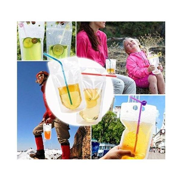

100pcs clear drink pouches bags frosted zipper stand-up plastic drinking bag with straw with holder reclosable heat-pro jlllsj soif