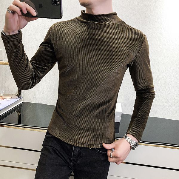 

2021 male velvet t-shirt with long sleeves fitting half turtleneck high hip-hop streetwear casual t-shirts hbyy, White