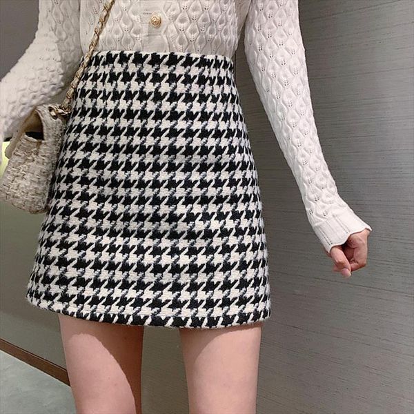 

high waist houndstooth woolen short women skirts all match black
