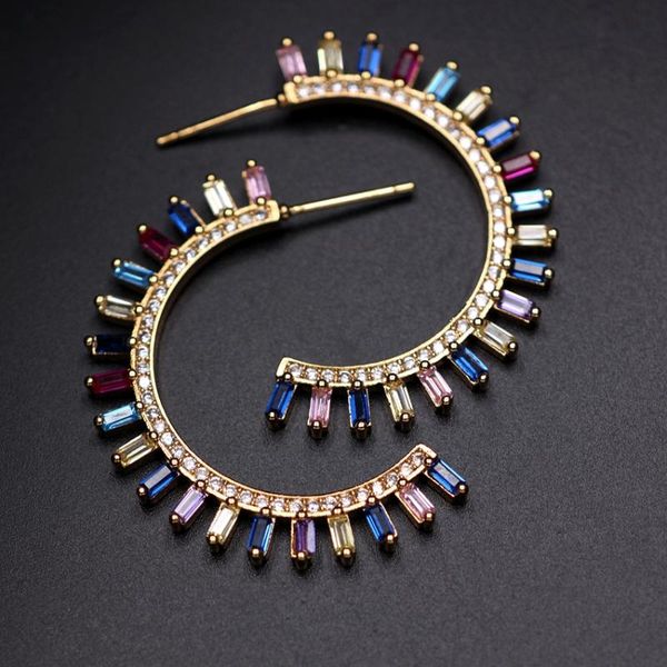 

stud multicolor moon shape rainbow earrings full pave colorful rectangular cubic zirconia special half round for women, Golden;silver