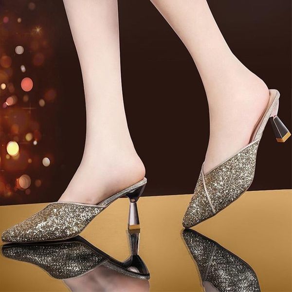 

slippers women pointed toe glitter ladies summer shoes sandals high heels sequined plus size woman fashion footwear 2021, Black
