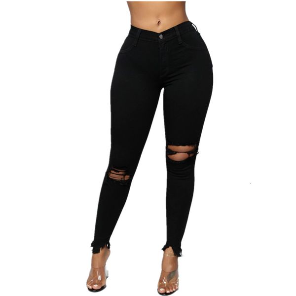

2021 new fashion elastic thin jeans torn figure-hugging of black ladies afflicted with high-waisted brim pants 5c3z, Blue