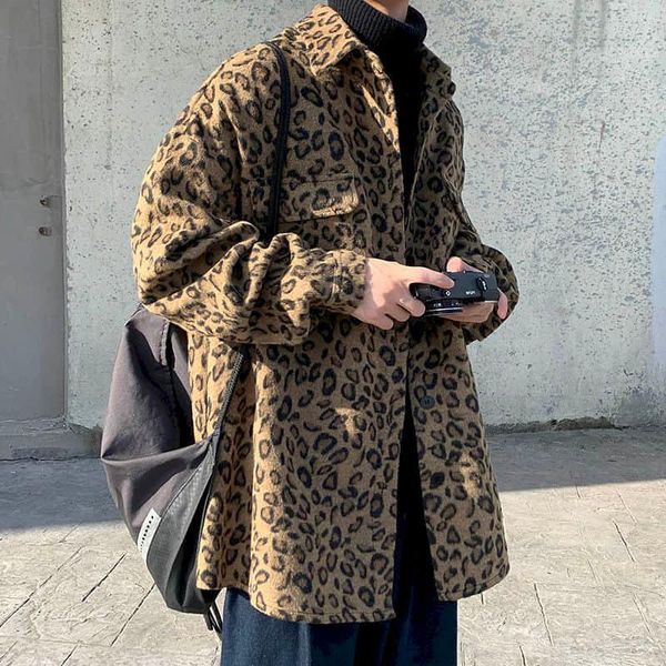 

retro leopard print casual jacket men's autumn spring korean trend handsome elegant temperament high street coat cool streetwear, Black;brown