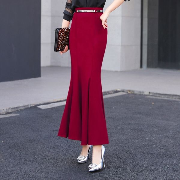 

spring women skirt ruffles slim high waist long package buttocks tail skirts red black 1890 210309
