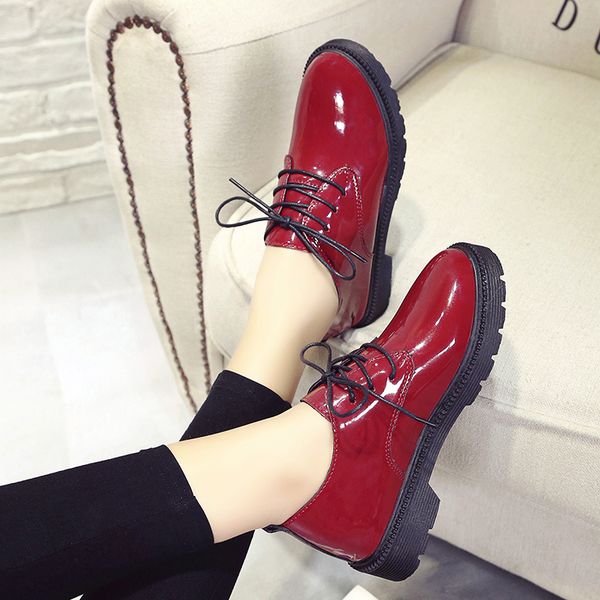 

women oxford shoes med heels casual shoes patent leather lace up shoes woman autumn platform female zapatos mujer 8327ndress, Black