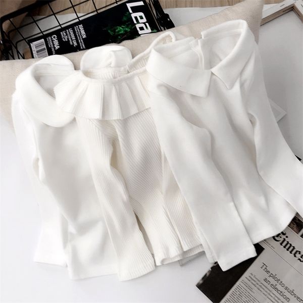 2021 весна детские девушки белая рубашка детей с длинным рукавом сплошные топы оборки воротник девушки под рукой блузка 100% хлопок 210306