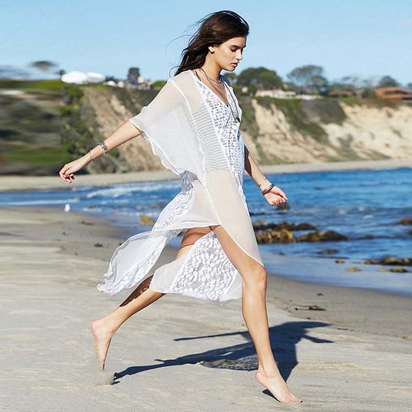 

2021 new see-through patchwork lace leaf embroidery side split chiffon sunscreen hollow swimsuit cover up stroje kapielowe j3k6, Black;gray