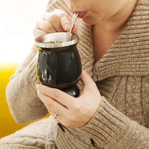

mugs natural gourd teacup straw stainless steel double wall easy-to-clean insulated coffee cup mug