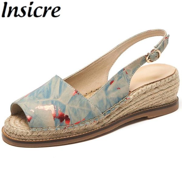 

insicre cow leather peep toe women sandals buckle wedges 2021 summer high heel shoes mixed colors full genuine leather, Black