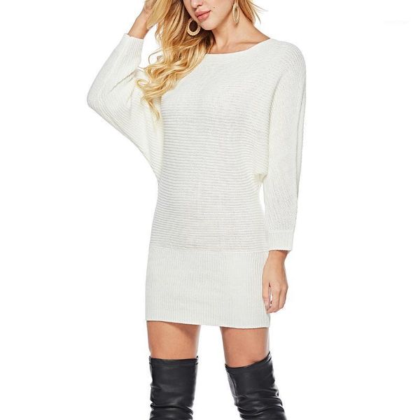 

women solid color sweater dress round neck long bat sleeve bodycon knitted casual dresses, Black;gray