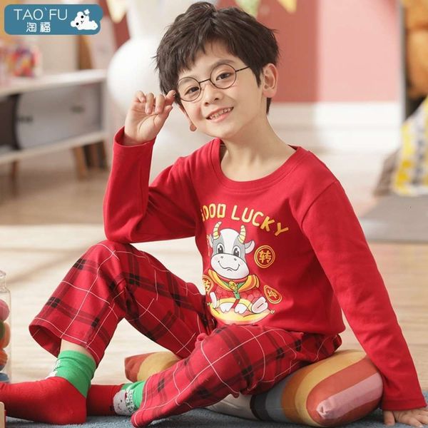 

pajamas children's boys spring and autumn cotton long sleeve new celebration year of the ox boy red benmingnian home suit, Blue;red