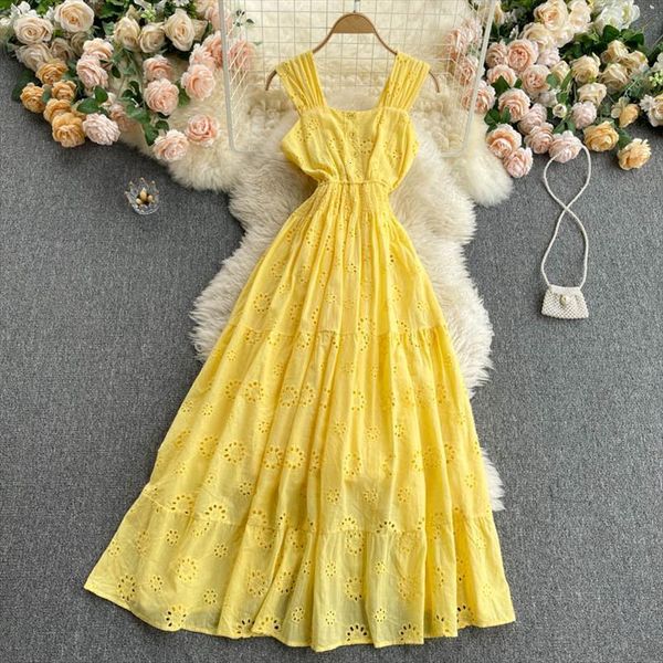 

white yellow blue hollow out women dress party long vintage square collar spaghetti strap vestidos female a line robe summer, Black;gray