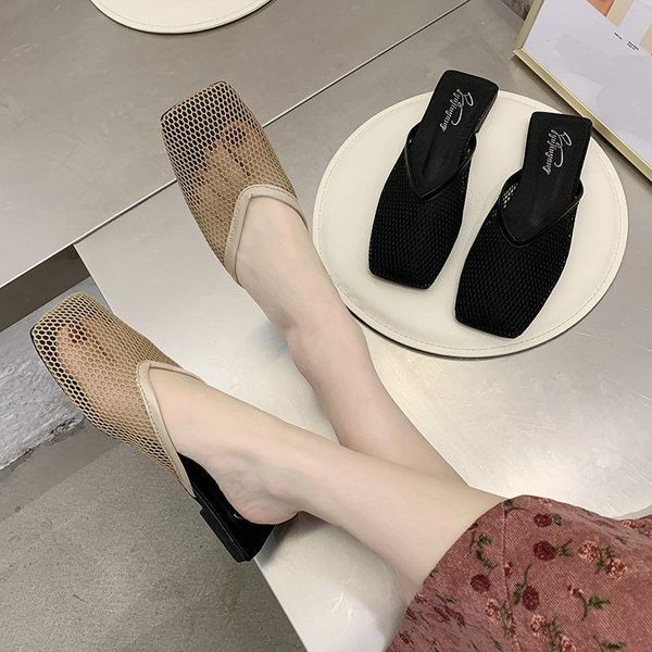 

slippers lisapie women mules half slides with heels square toe mesh hollow out black sandals for female slip on summer shoes