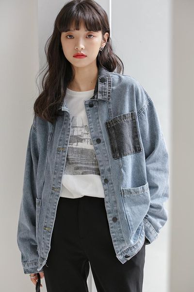 

women's jackets vintage blue denim jacket for women 2021 spring autumn streetwear patchwork long sleeve coats jeans female loose outwea, Black;brown