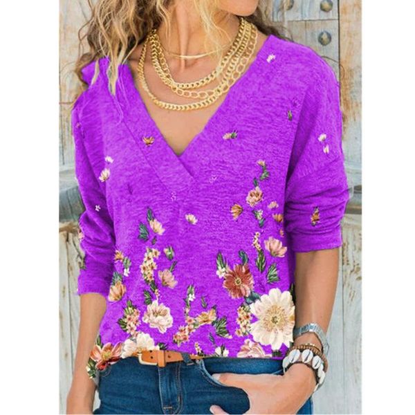 

women's t-shirt spring/summer 2021 v-neck sleeve print long-sleeved plus-size women fashion t shirt, White