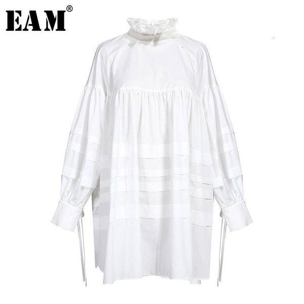 

women's blouses & shirts [eam] women ruffles split joint big size blouse stand collar long sleeve loose fit shirt fashion spring autumn, White