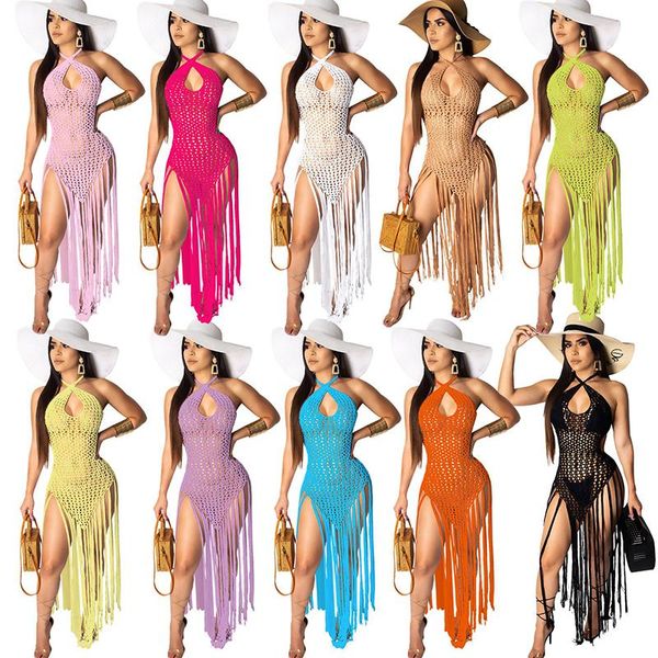 Moda de banho feminina Hand Crochet Fishnet Tassel Summer Summer Beach Up Maxi Dress Sexy Halter Hollow Out Backless Bandage Mulheres Túnica Roupa