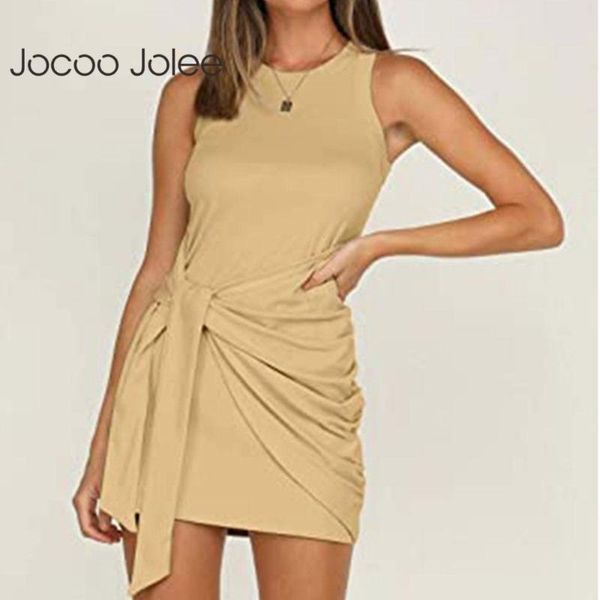 

skirts jocoo jolee 2021 women summer irregular sleeveless bow pleated o neck belt solid mini dress casual slim elegant party, Black