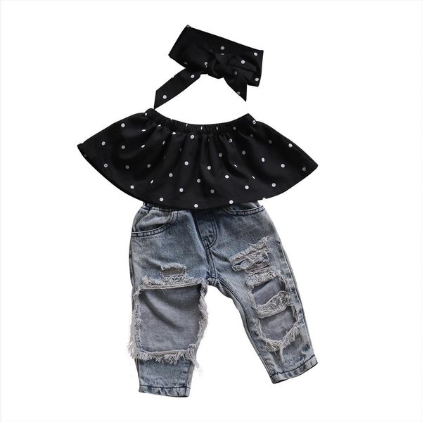 

fashion kids girls off shoulder polka dot hole jeans pants denim headband 3pcs clothes outfits set, White