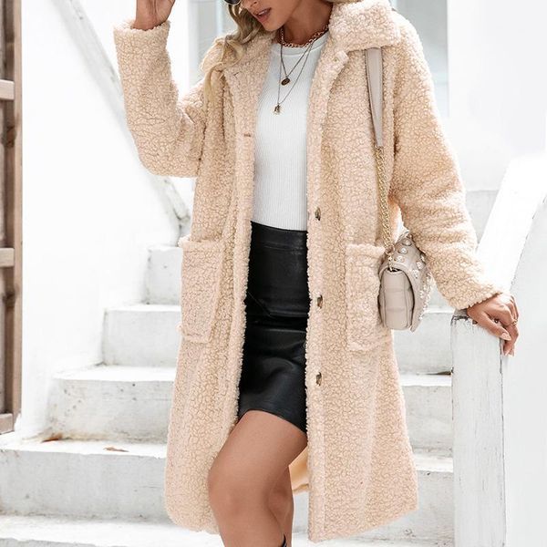 

women's wool & blends 2021 autumn winter women lambswool long coat warm soft lapel plush fleece jackets female casual streetwear fashio, Black