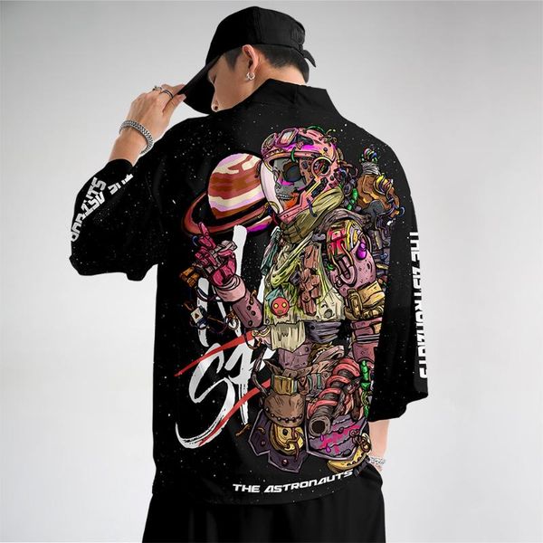 

ethnic clothing men black skull astronuat print kimono and pant set man haori yukata asian streetwear costume samurai cardigan shirt, Red