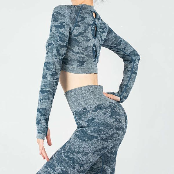 

women's tracksuits fitness sportswear wear high elastic speed dry camouflage seamless hollow out long sleeve pants yoga suit, Gray