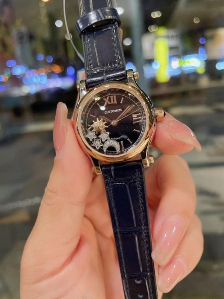 

wristwatches brand genuine leather quartz watch stainless steel geometric sun moon and star watches starry sky dial women happy stone, Slivery;brown